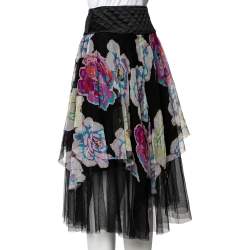 Chanel Black Floral Print Mesh Quilted Waist Midi Skirt M