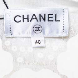Pre Owned Chanel White Cotton Knit Floral Embellished Detail Cinched Waist Midi Dress M