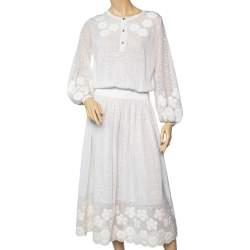 Pre Owned Chanel White Cotton Knit Floral Embellished Detail Cinched Waist Midi Dress M