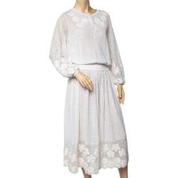 Pre Owned Chanel White Cotton Knit Floral Embellished Detail Cinched Waist Midi Dress M
