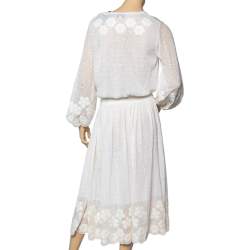 Pre Owned Chanel White Cotton Knit Floral Embellished Detail Cinched Waist Midi Dress M