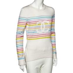 Chanel White Striped Cashmere Crewneck Sweater M