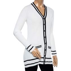 Pre Owned Chanel White Cotton Knit Contrast Trim Detailed Button Front Cardigan S