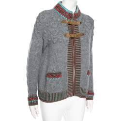 Chanel Grey Wool Intarsia Knit Contrast Trimmed Buckle Detail Jacket M