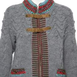 Chanel Grey Wool Intarsia Knit Contrast Trimmed Buckle Detail Jacket M