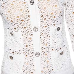 Pre Owned Chanel White Crochet Knit Cropped Button Front Cardigan M