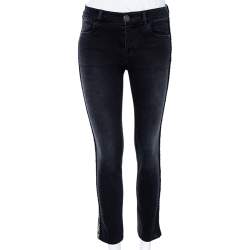 Pre Owned Chanel Black Denim Trimmed Straight Leg Jeans S