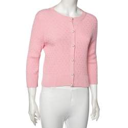Pre Owned Chanel Pink Patterned Knit La Pausa Pearl Embellished Cardigan M