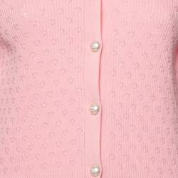 Pre Owned Chanel Pink Patterned Knit La Pausa Pearl Embellished Cardigan M