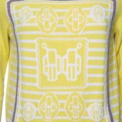Pre Owned Hermes Yellow Intarsia Knit Cashmere Long Sleeve Jumper M