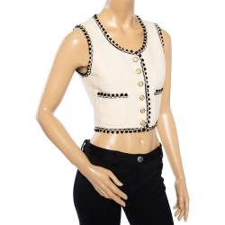 Pre Owned Chanel Boutique Vintage Cream Tweed Contrast trim Button Front Sleeveless Vest M