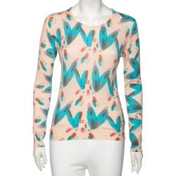 Pre Owned Chanel Pink Heart Printed Cashmere Long Sleeve Sweater M