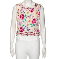 Pre Owned توب شانيل حرير مطبوع وحافة تويد متعدد الألوان بلا أكمام مقاس كبير (لارج)