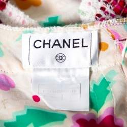 Pre Owned توب شانيل حرير مطبوع وحافة تويد متعدد الألوان بلا أكمام مقاس كبير (لارج)