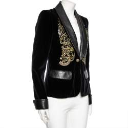 Pre Owned Chanel Black Velvet & Leather Inset Embellished Single Breasted Blazer M