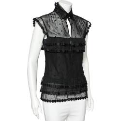 Chanel Black Patterned Mesh Tiered Short Sleeve Top M