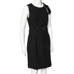 Pre Owned Chanel Black Textured Wool Bow Detailed Pleated Dress M