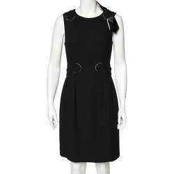 Pre Owned Chanel Black Textured Wool Bow Detailed Pleated Dress M