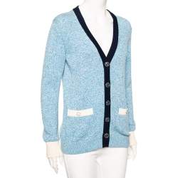 Pre Owned Chanel Blue Cashmere Knit Contrast Trimmed Button Front Cardigan L