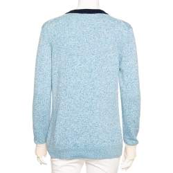 Pre Owned Chanel Blue Cashmere Knit Contrast Trimmed Button Front Cardigan L