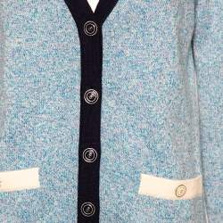 Pre Owned Chanel Blue Cashmere Knit Contrast Trimmed Button Front Cardigan L