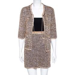 Pre Owned Chanel Beige & Blue Tweed Open Front Jacket & Short Skirt Set M