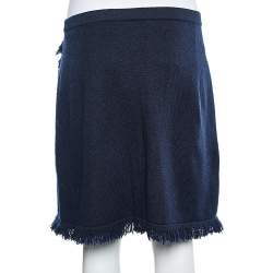 Pre Owned Chanel Navy Blue Cashmere Fringed Faux Wrap Mini Skirt M