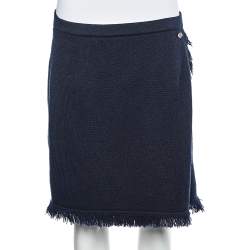 Pre Owned Chanel Navy Blue Cashmere Fringed Faux Wrap Mini Skirt M