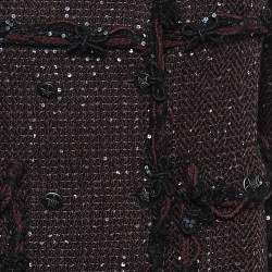 Pre Owned Chanel Burgundy Sequined Tweed Double Breasted Jacket S