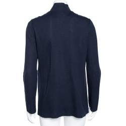 Chanel Navy Blue Patterned Silk Knit Button Front Long Shirt S