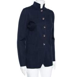 Chanel Navy Blue Patterned Silk Knit Button Front Long Shirt S