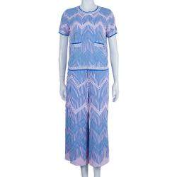 Pre Owned Chanel Blue Jacquard Knit Top And Culottes Set S