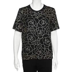 Chanel Black Camellia Foil Print Cotton T-Shirt XL
