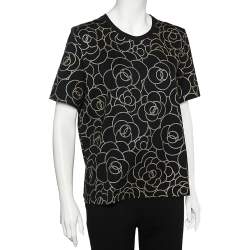 Chanel Black Camellia Foil Print Cotton T-Shirt XL