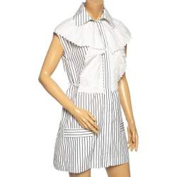 Pre Owned Chanel White Striped Cotton Overlay Detailed Button Front Short Dress M