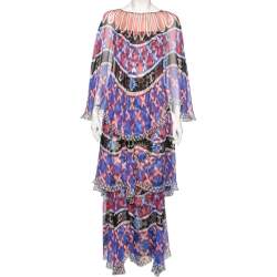Pre Owned Chanel Multicolored Printed Silk Tiered Cape Dress M