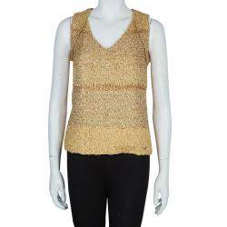 Pre Owned توب شانيل ذهبي ميتاليك بلا أكمام S