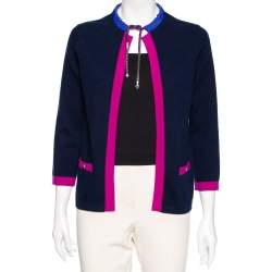 Chanel Navy Blue & Pink Trimmed Cashmere Pocketed Cardigan S