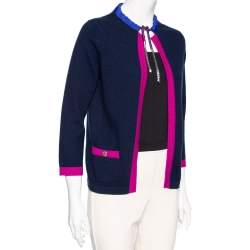 Chanel Navy Blue & Pink Trimmed Cashmere Pocketed Cardigan S