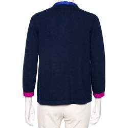 Chanel Navy Blue & Pink Trimmed Cashmere Pocketed Cardigan S