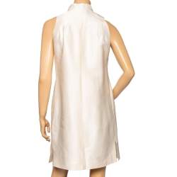 Chanel Cream Textured Silk Bow Detailed Button Front Short Dress S 