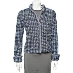 Chanel Blue Tweed Pearl Embellished Button Front Jacket M Chanel