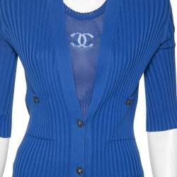Pre Owned Chanel Blue Knit Logo Detailed Dress & Button Front Long Cardigan Set S 