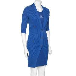 Pre Owned Chanel Blue Knit Logo Detailed Dress & Button Front Long Cardigan Set S 
