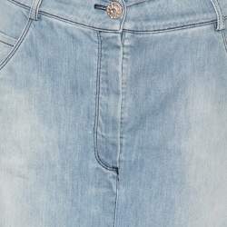 Pre Owned Chanel Blue Light Wash Denim Button Front Top & Midi Skirt Set S/M