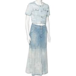 Pre Owned Chanel Blue Light Wash Denim Button Front Top & Midi Skirt Set S/M