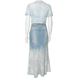 Pre Owned Chanel Blue Light Wash Denim Button Front Top & Midi Skirt Set S/M