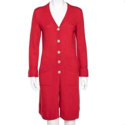 Chanel Red Cashmere Button Front Long Cardigan S