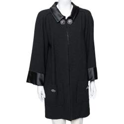 Chanel Black Wool & Satin Trimmed Pocketed Cape Coat L
