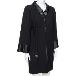 Chanel Black Wool & Satin Trimmed Pocketed Cape Coat L